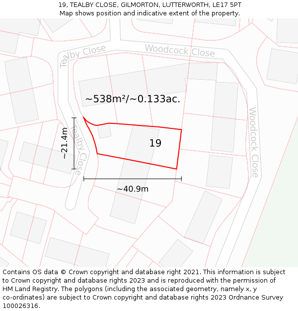 19, TEALBY CLOSE, GILMORTON, LUTTERWORTH, LE17 5PT: Plot and title map