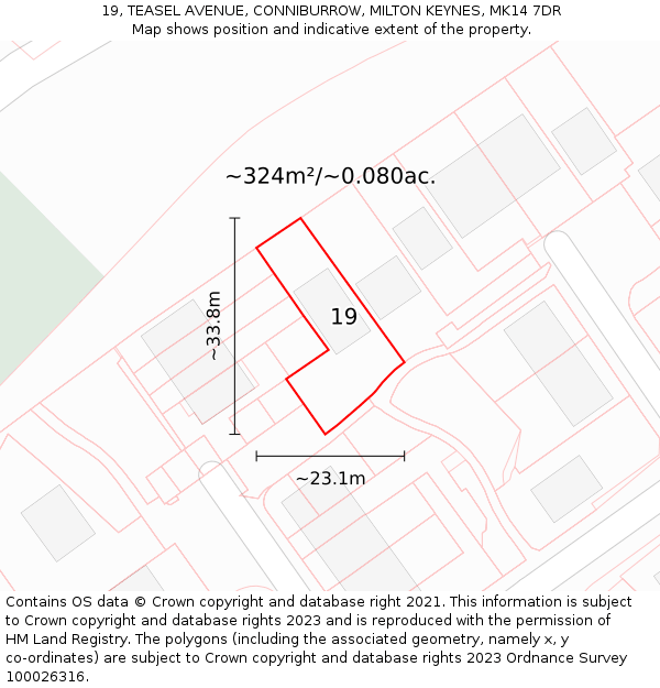 19, TEASEL AVENUE, CONNIBURROW, MILTON KEYNES, MK14 7DR: Plot and title map