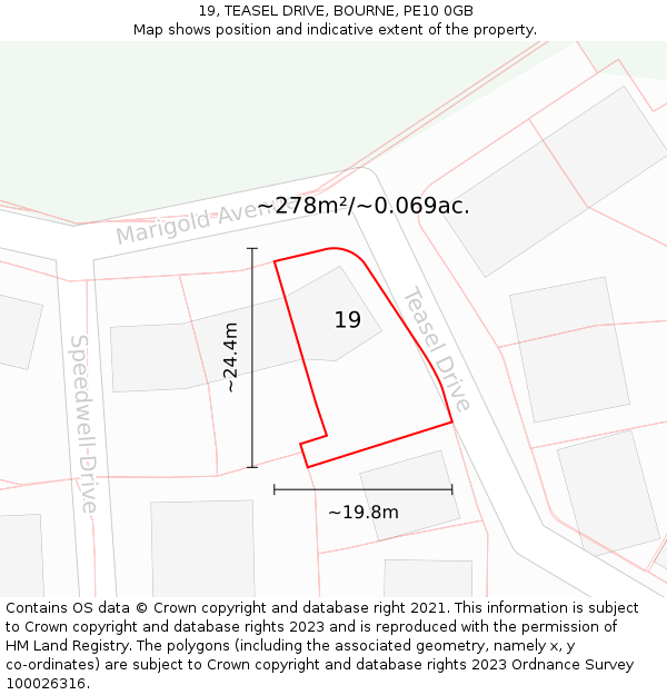 19, TEASEL DRIVE, BOURNE, PE10 0GB: Plot and title map