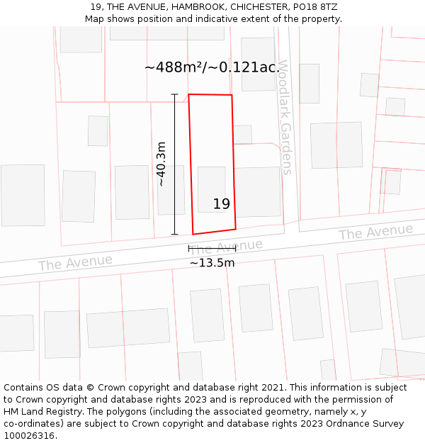 19, THE AVENUE, HAMBROOK, CHICHESTER, PO18 8TZ: Plot and title map