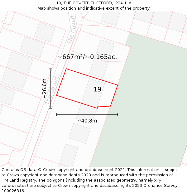 19, THE COVERT, THETFORD, IP24 1LA: Plot and title map