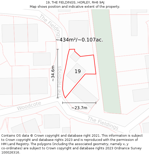 19, THE FIELDINGS, HORLEY, RH6 9AJ: Plot and title map