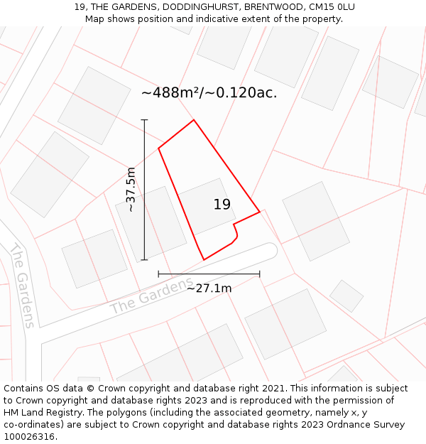 19, THE GARDENS, DODDINGHURST, BRENTWOOD, CM15 0LU: Plot and title map