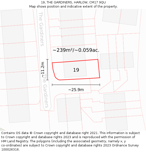 19, THE GARDINERS, HARLOW, CM17 9QU: Plot and title map