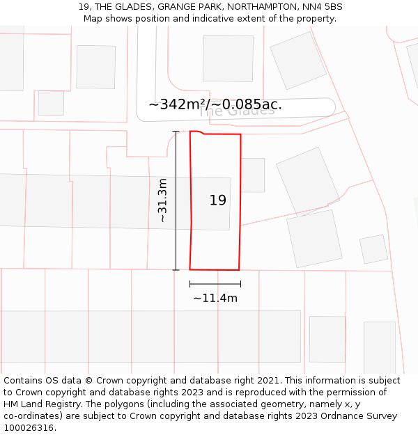 19, THE GLADES, GRANGE PARK, NORTHAMPTON, NN4 5BS: Plot and title map