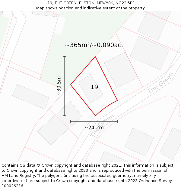 19, THE GREEN, ELSTON, NEWARK, NG23 5PF: Plot and title map