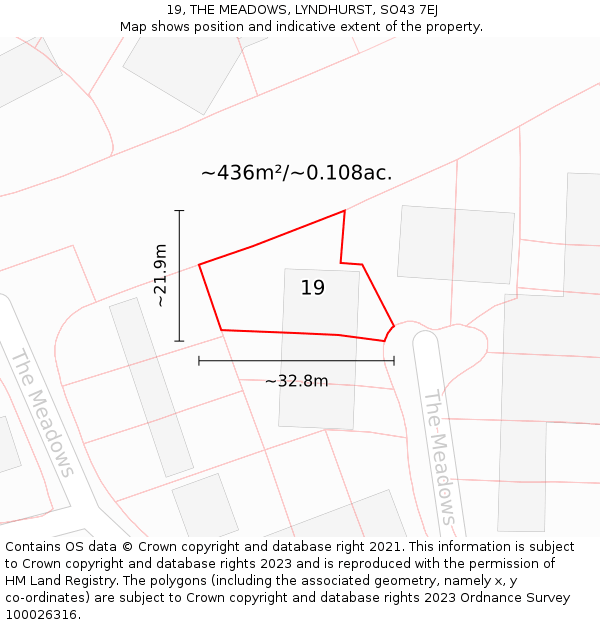 19, THE MEADOWS, LYNDHURST, SO43 7EJ: Plot and title map