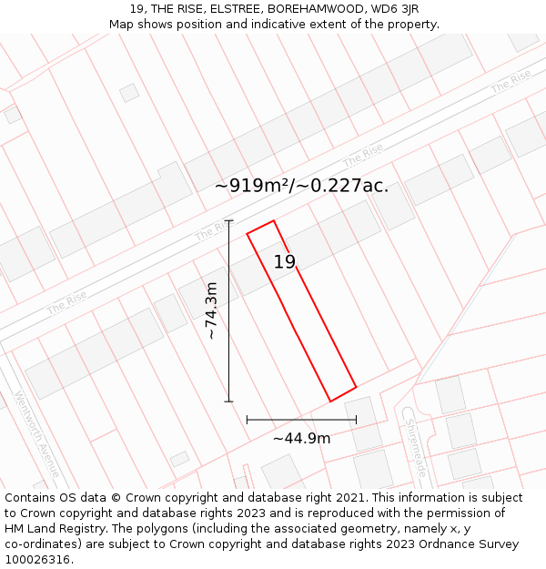 19, THE RISE, ELSTREE, BOREHAMWOOD, WD6 3JR: Plot and title map