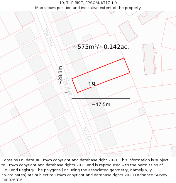 19, THE RISE, EPSOM, KT17 1LY: Plot and title map