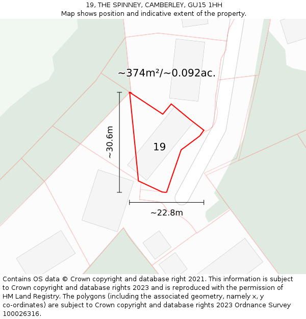 19, THE SPINNEY, CAMBERLEY, GU15 1HH: Plot and title map