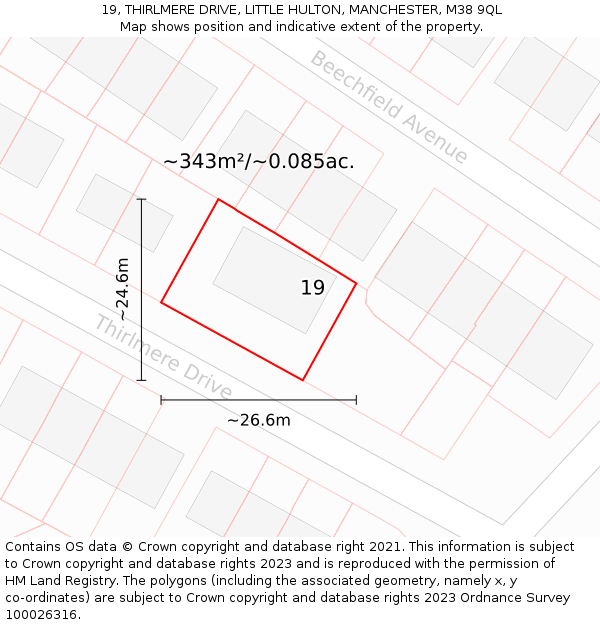 19, THIRLMERE DRIVE, LITTLE HULTON, MANCHESTER, M38 9QL: Plot and title map