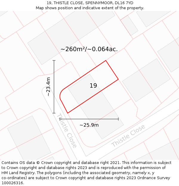 19, THISTLE CLOSE, SPENNYMOOR, DL16 7YD: Plot and title map