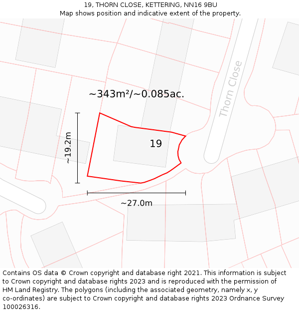 19, THORN CLOSE, KETTERING, NN16 9BU: Plot and title map