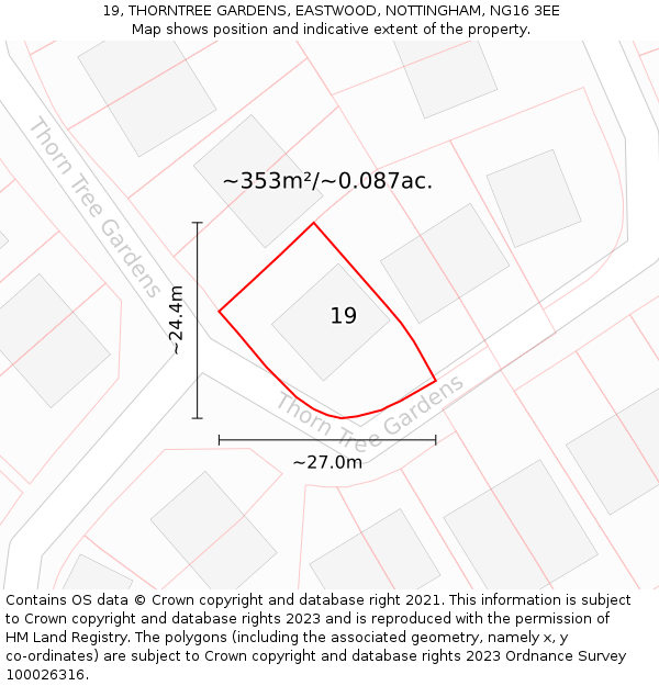 19, THORNTREE GARDENS, EASTWOOD, NOTTINGHAM, NG16 3EE: Plot and title map