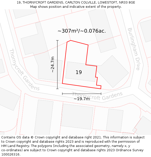 19, THORNYCROFT GARDENS, CARLTON COLVILLE, LOWESTOFT, NR33 8GE: Plot and title map