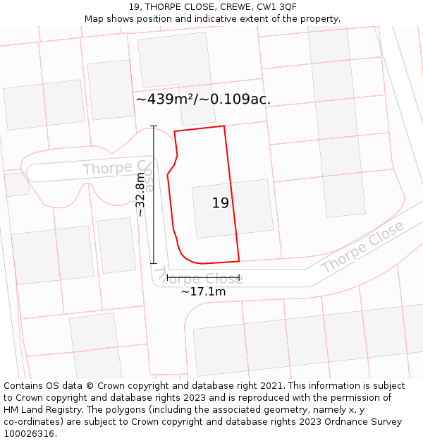 19, THORPE CLOSE, CREWE, CW1 3QF: Plot and title map