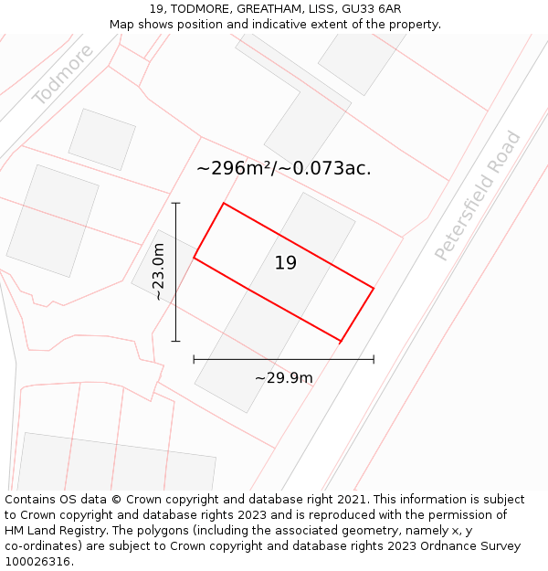 19, TODMORE, GREATHAM, LISS, GU33 6AR: Plot and title map