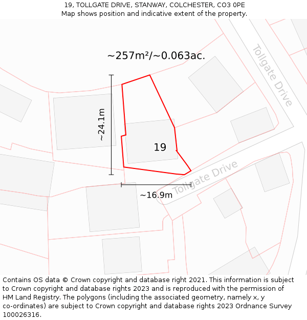 19, TOLLGATE DRIVE, STANWAY, COLCHESTER, CO3 0PE: Plot and title map