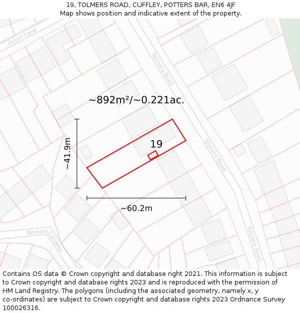 19, TOLMERS ROAD, CUFFLEY, POTTERS BAR, EN6 4JF: Plot and title map