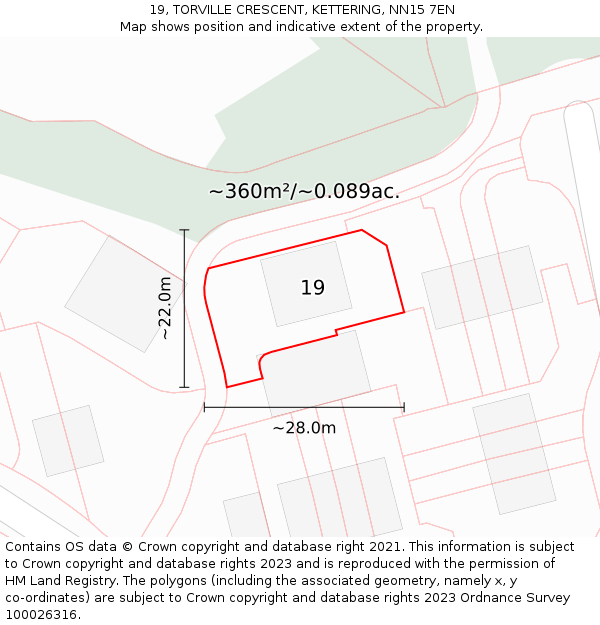 19, TORVILLE CRESCENT, KETTERING, NN15 7EN: Plot and title map