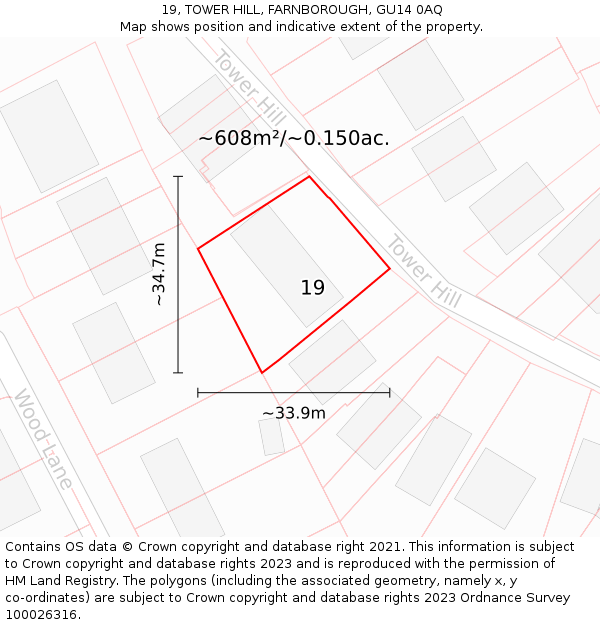 19, TOWER HILL, FARNBOROUGH, GU14 0AQ: Plot and title map