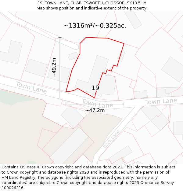 19, TOWN LANE, CHARLESWORTH, GLOSSOP, SK13 5HA: Plot and title map