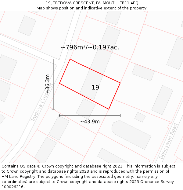 19, TREDOVA CRESCENT, FALMOUTH, TR11 4EQ: Plot and title map