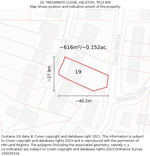 19, TREGARRICK CLOSE, HELSTON, TR13 8YA: Plot and title map