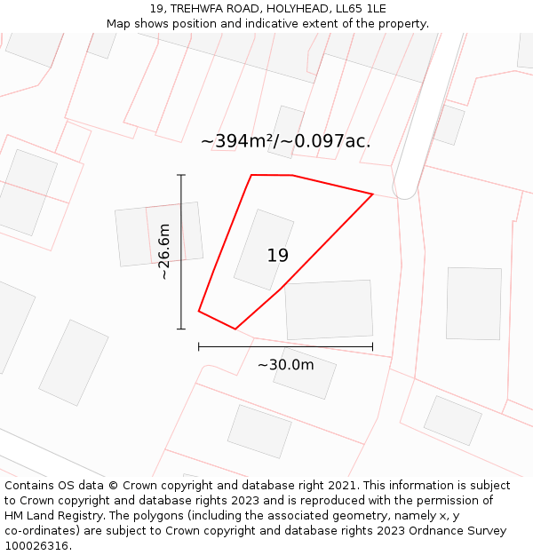 19, TREHWFA ROAD, HOLYHEAD, LL65 1LE: Plot and title map