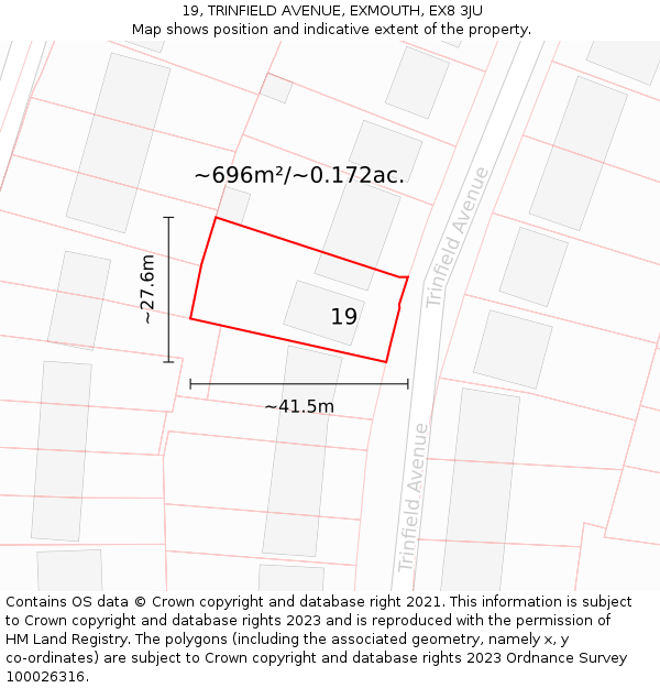 19, TRINFIELD AVENUE, EXMOUTH, EX8 3JU: Plot and title map