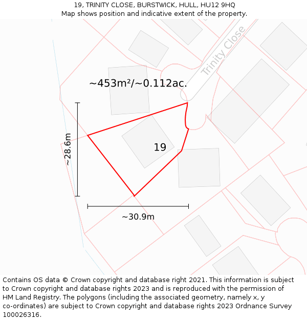 19, TRINITY CLOSE, BURSTWICK, HULL, HU12 9HQ: Plot and title map