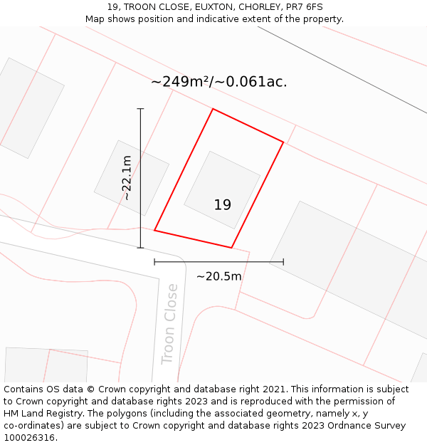 19, TROON CLOSE, EUXTON, CHORLEY, PR7 6FS: Plot and title map