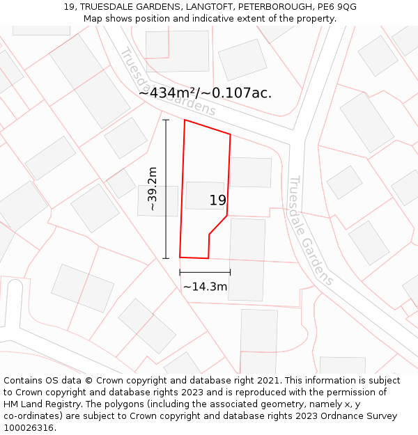 19, TRUESDALE GARDENS, LANGTOFT, PETERBOROUGH, PE6 9QG: Plot and title map