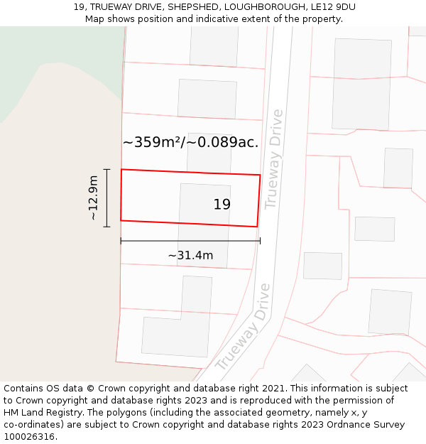 19, TRUEWAY DRIVE, SHEPSHED, LOUGHBOROUGH, LE12 9DU: Plot and title map