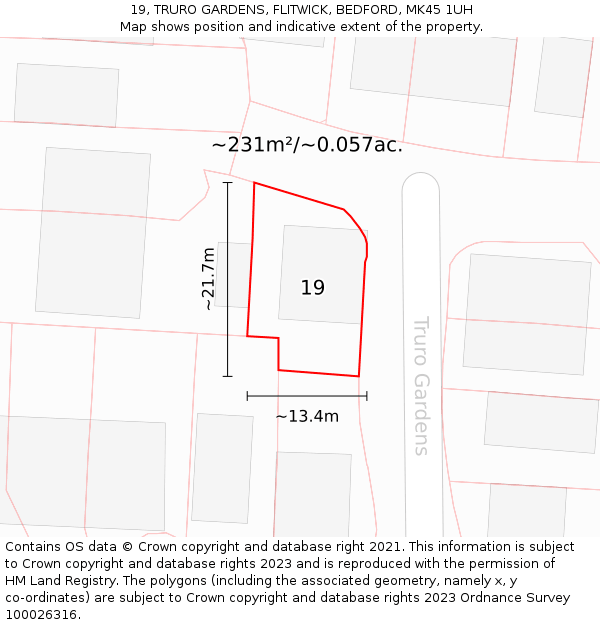 19, TRURO GARDENS, FLITWICK, BEDFORD, MK45 1UH: Plot and title map