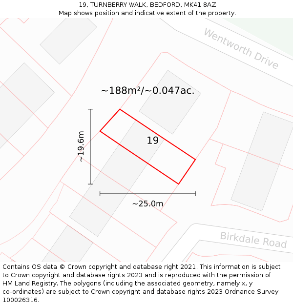 19, TURNBERRY WALK, BEDFORD, MK41 8AZ: Plot and title map