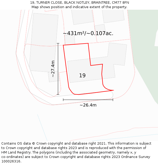 19, TURNER CLOSE, BLACK NOTLEY, BRAINTREE, CM77 8FN: Plot and title map