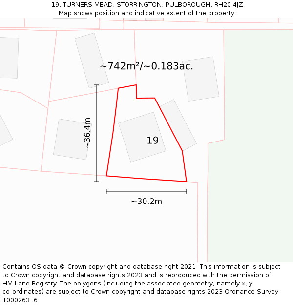 19, TURNERS MEAD, STORRINGTON, PULBOROUGH, RH20 4JZ: Plot and title map