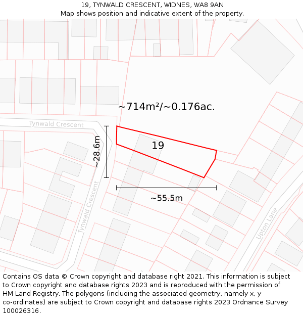 19, TYNWALD CRESCENT, WIDNES, WA8 9AN: Plot and title map