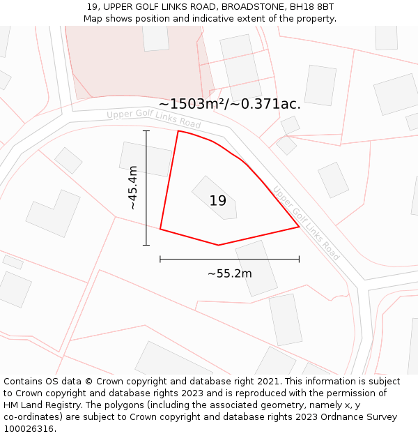 19, UPPER GOLF LINKS ROAD, BROADSTONE, BH18 8BT: Plot and title map