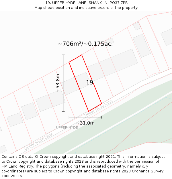 19, UPPER HYDE LANE, SHANKLIN, PO37 7PR: Plot and title map