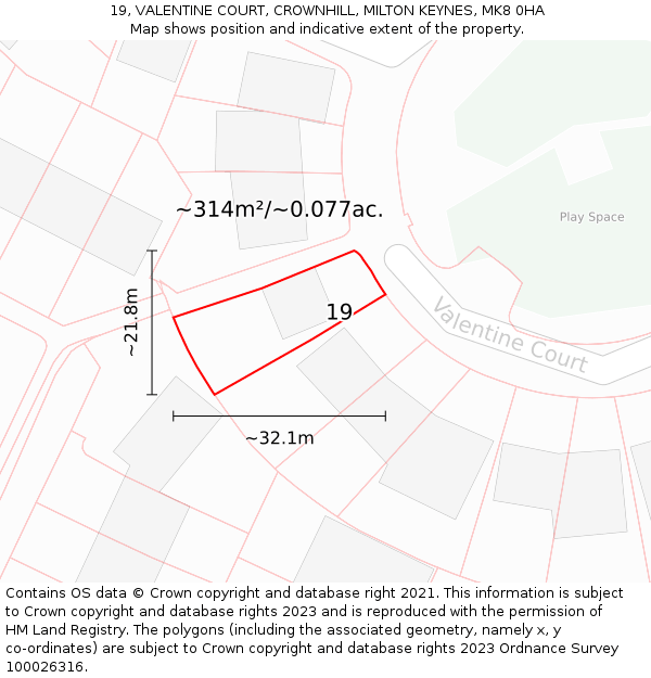 19, VALENTINE COURT, CROWNHILL, MILTON KEYNES, MK8 0HA: Plot and title map