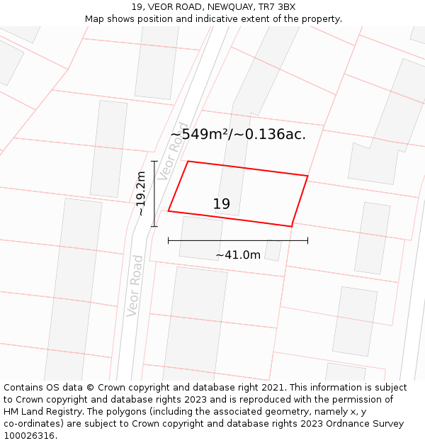 19, VEOR ROAD, NEWQUAY, TR7 3BX: Plot and title map