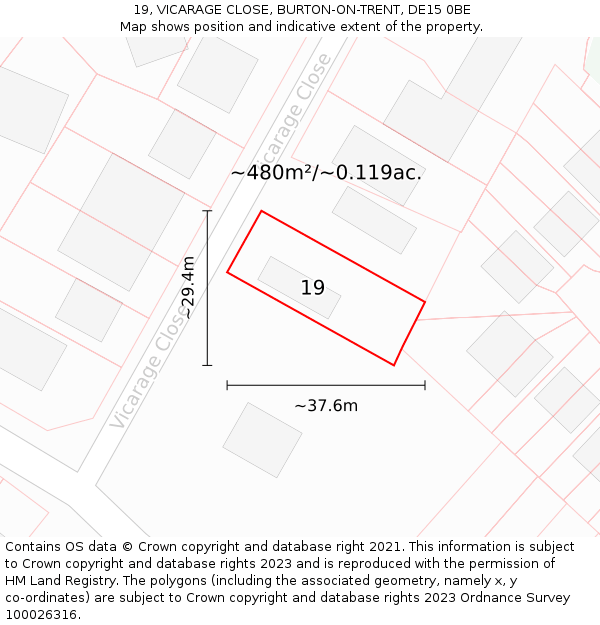 19, VICARAGE CLOSE, BURTON-ON-TRENT, DE15 0BE: Plot and title map