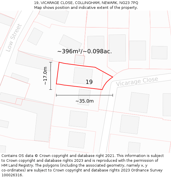 19, VICARAGE CLOSE, COLLINGHAM, NEWARK, NG23 7PQ: Plot and title map