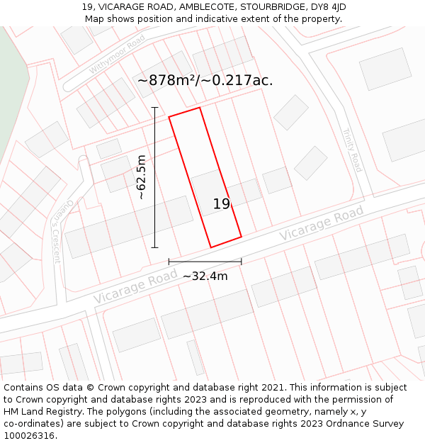 19, VICARAGE ROAD, AMBLECOTE, STOURBRIDGE, DY8 4JD: Plot and title map