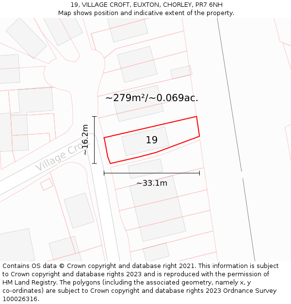 19, VILLAGE CROFT, EUXTON, CHORLEY, PR7 6NH: Plot and title map