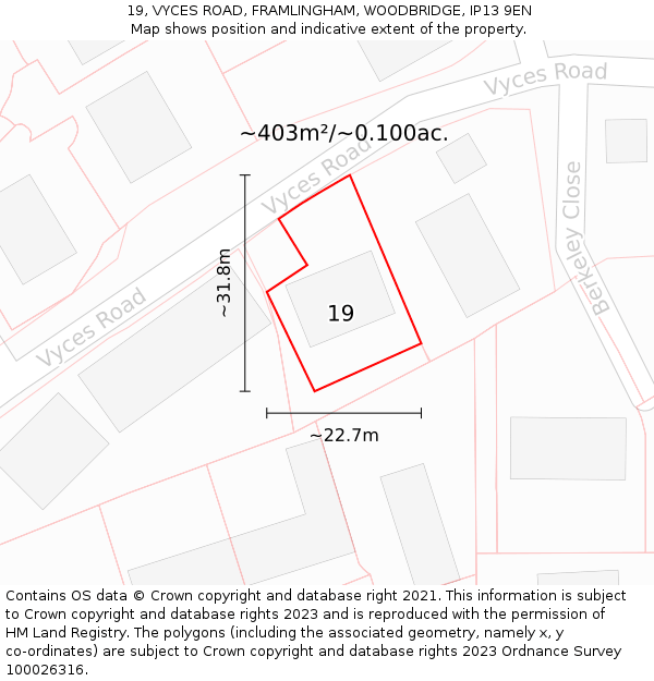 19, VYCES ROAD, FRAMLINGHAM, WOODBRIDGE, IP13 9EN: Plot and title map