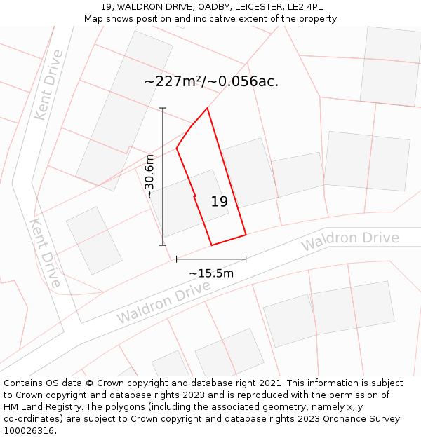 19, WALDRON DRIVE, OADBY, LEICESTER, LE2 4PL: Plot and title map