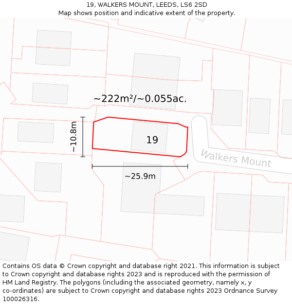 19, WALKERS MOUNT, LEEDS, LS6 2SD: Plot and title map